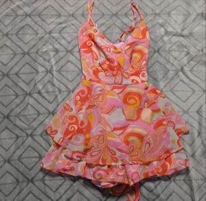 allison + kelly pink and orange 70s psychedelic print tiered romper